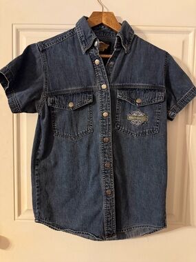 Harley-Davidson Dark Blue Short Sleeve Denim Button-Down Shirt